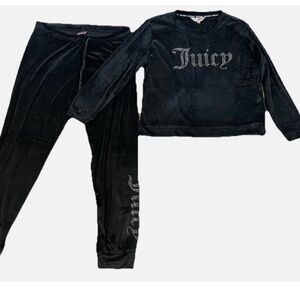 JUICY COUTURE Pajama Set T-shirt Top Sleep Pants Velour Black Bling Logo Size L